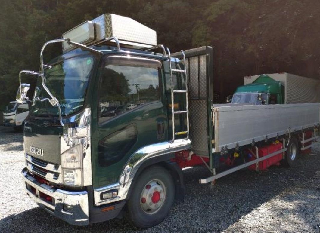 Front left of the Isuzu Forward with cab ladder and roof box