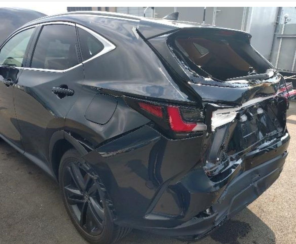 Rear left showing the crushed tailgate and creased rear quarter
